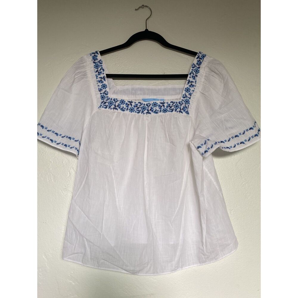 Draper James Embroidered Square Neck Blouse White Blue Cotton Summer Top L